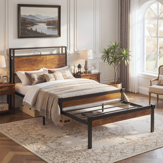 Sunvega Modern Twin Size Metal Platform Bed Frame with Wooden Headboard and USB LINER