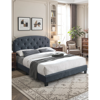 Sunvega Queen Size Charcoal Burlap Button Tufted Headboard Bed with Nailhead Trim