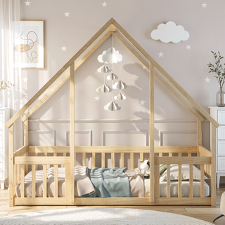 Sunvega Twin Wood House Floor Bed with Guardrail Fence in Grey