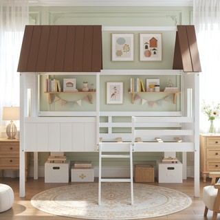 Sunvega Twin Size Low Loft Wood House Bed with Two Side Windows for Kids Playhouse