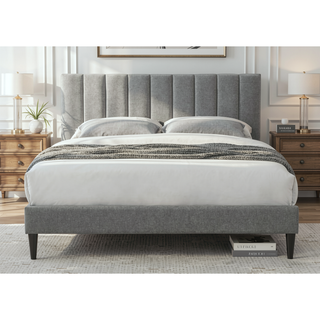 Sunvega Queen Upholstered Pleated Bed in a Box with Sturdy Dark Brown Frame