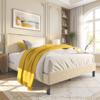 Sunvega Queen Size Metal Platform Bed with Storage Headboard and USB Charging Station