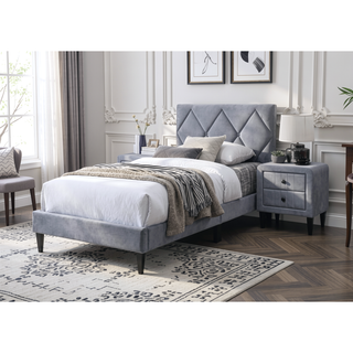 Sunvega Modern Grey Velvet Tufted Headboard Twin Size Youth Bed Frame