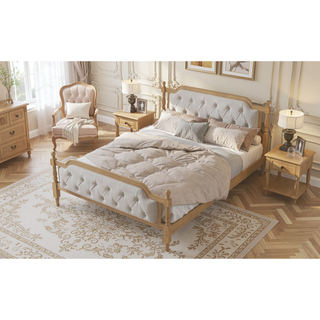 Sunvega French Provincial Style Solid Wood Bed Frame with Tufted Headboard