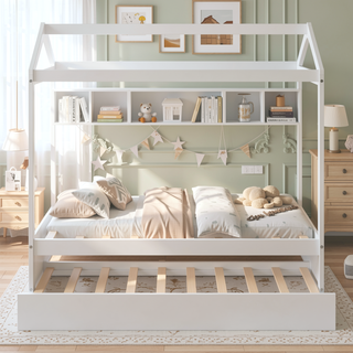 Sunvega White House Bed with Trundle for Two Children to Share Secrets