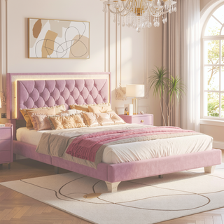 Sunvega Queen Size Upholstered Velvet Bed Frame with LED Lights and Tufted Headboard