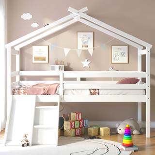Sunvega Twin Low Loft House Bed with Slide Ladder Safety Guardrails and Roof Frame