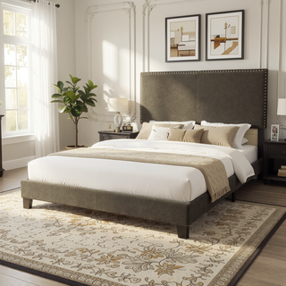 Sunvega Full Bed with Nailhead Trim and Solid Wood Legs in Modern Black Finish