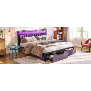 Sunvega King Size LED Upholstered Bed Frame with Storage Headboard and Charging Station