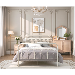 Sunvega Spindle Headboard White Full Bed Frame with Metal Base and Slats