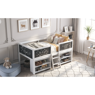 Sunvega Twin Size Low Loft Bed with Movable Shelves Ladder and Decorative Chalkboard Guardrail