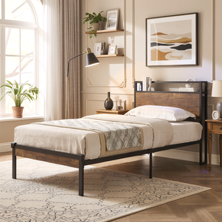 Sunvega Modern Metal Platform Bed Frame with Wooden Headboard and Footboard for Queen Size