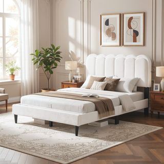 Sunvega Cream Petal Headboard Bed Frame with Atmosphere Light for Bedroom