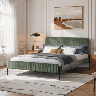 Sunvega Queen Upholstered Bed with Channeled Headboard and Sturdy Metal Frame