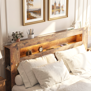 Sunvega King Size Wood Platform Bed Frame with Storage Headboard USB Charging and LED Light