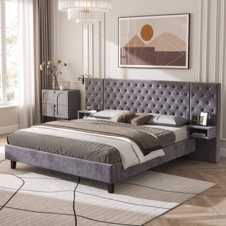 Sunvega King Size Velvet Upholstered Platform Bed with Headboard and Nightstands