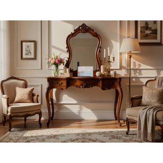 Sunvega Small Size Left Bedside Cabinet Vanity Table with Cushioned Stool and LED Mirror