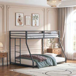 Sunvega Contemporary Twin Over Full Low Bunk Bed with Reversible Ladder in Matte Black