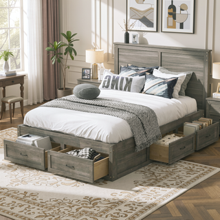 Sunvega Antique Natural Queen Size Platform Bed with 6 Spacious Storage Drawers