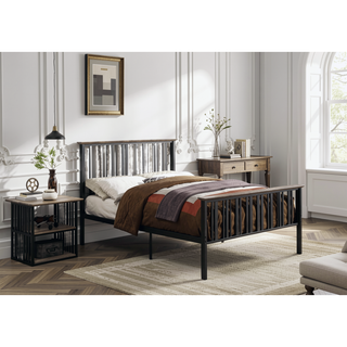 Sunvega Antique Oak and Black Finish Full Bed with Slatted Headboard and Footboard