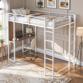 Sunvega Twin Metal Loft Bed with 2 Shelves and Desk for Study and Storage