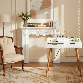 Sunvega 31.5 inch White Vanity Desk with Removable LED Mirror and 2 Drawers for Bedroom