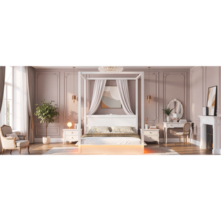 Sunvega Queen Size Wood LED Canopy Bed With Support Slats And Brushed Finish