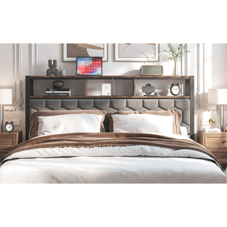 Sunvega Queen Bed Frame with Vintage Shelf Headboard and USB Charging Station