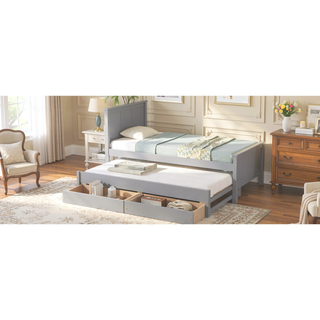 Sunvega Twin Size White Platform Bed with Trundle and Two Drawers for Storage