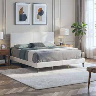 Sunvega White Faux Leather Upholstered Queen Bed with Adjustable Headboard