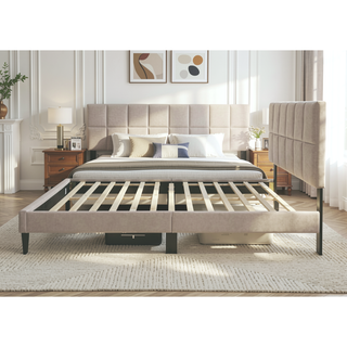 Sunvega Queen Upholstered Pleated Bed in a Box with Sturdy Dark Brown Frame