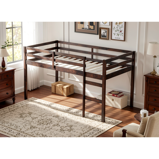Sunvega Espresso Rubber Wood Low Height Loft Bed with Ladder for Bedroom