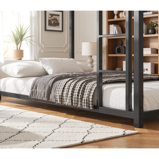 Sunvega Low Twin Over Twin Metal Bunk Bed Frame with Ladder and Guardrail