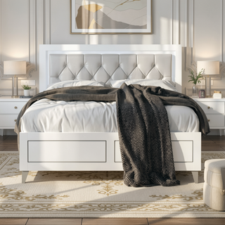 Sunvega Queen Bed with LED Light Padded Headboard in Grey and White Synthetic Leather