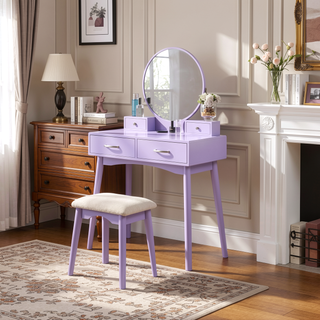 Sunvega Contemporary White Wood Vanity and Stool Set with Round Mirror