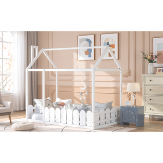 Sunvega Twin Size House Bed Frame with Fence and Roof for Kids and Teens