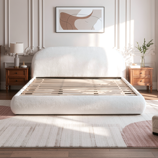 Sunvega Almond White King Upholstered Platform Bed with Arch Puffy Headboard