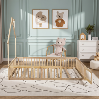 Sunvega White Wood House Platform Bed with Guardrail for Kids Full Size