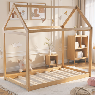 Sunvega Twin Size Gray Wooden House Bed with Eaves Design for Kids Room