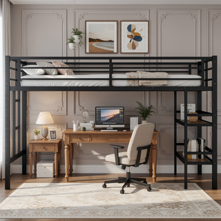 Sunvega Twin Size Metal Loft Bed with Storage Shelf and Safety Guardrails for Kids