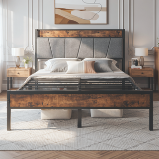 Sunvega Full Size Bed Frame with Storage Headboard and Charging Station Outlets
