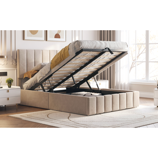 Sunvega Upholstered Platform Bed with Hydraulic Storage System in White Linen