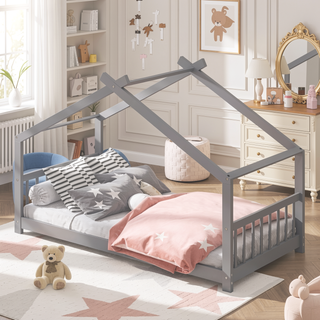 Sunvega Full Size Playhouse Design Wood Bed with Roof for Kids Room