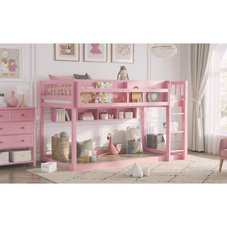 Sunvega Low Twin Over Twin Solid Wood Bunk Bed with Ladder for Kids & Juniors