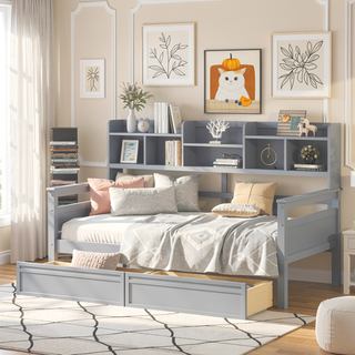 Sunvega Twin Size Daybed with Wood Slat Support, Bedside Shelf, and Two Drawers