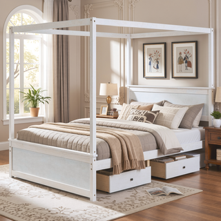 Sunvega Modern Wood Canopy Bed with Two Drawers and Brushed White Finish