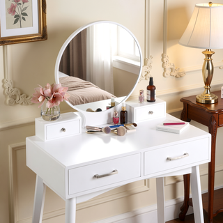 Sunvega Contemporary White Wood Vanity and Stool Set with Round Mirror