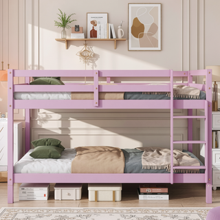 Sunvega Twin over Twin Solid Wooden Bunk Bed with Ladder and Strengthened Slats