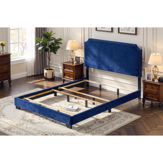 Sunvega Blue Velvet Queen Upholstered Bed with Nailhead Trim Accent