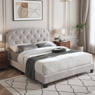 Sunvega European Style Light Brown Burlap Button Tufted Queen Size Headboard
